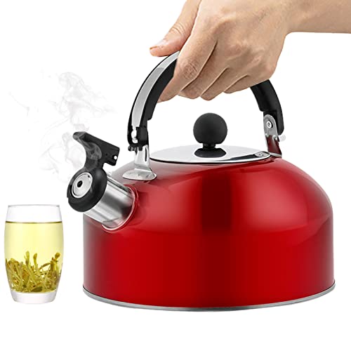 DAMLUX Tea Kettle for Stove Top, 1.8L Whistling Stovetop Tea Kettle, Stainless Steel Red Whistling Tea Pot with Ergonomic Handle, Teapot Whistling Kettle for Stove, Induction Cooker and Wood Stove