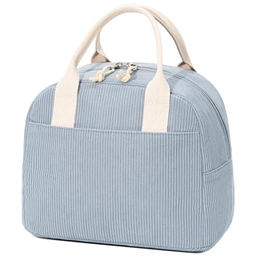 LOVELYWIND Insulated Lunch Bag for Women, Blue Corduroy Lunch Tote 9L