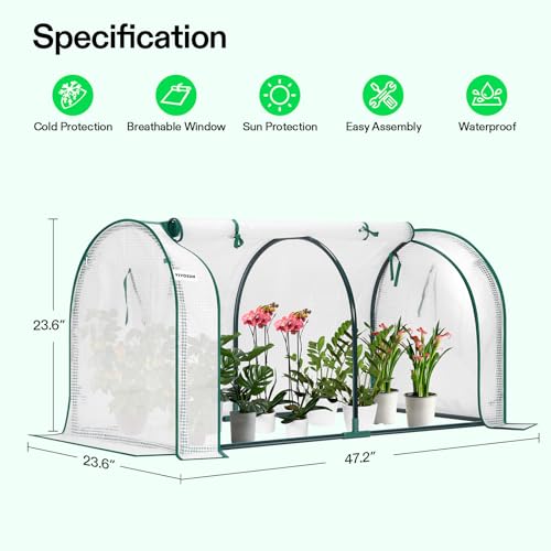 Image of VIVOSUN Portable Mini Greenhouse 47x23x23-Inch Tunnels, PE Cover with Roll-up Zipper Door, for Indoor Outdoor or Garden Plant Growing, White