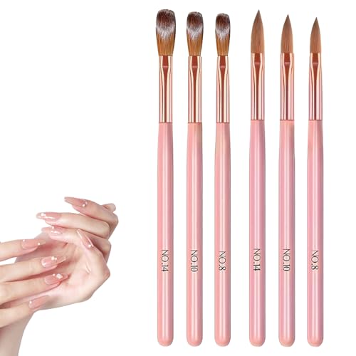 6 Pcs Acrylic Nail Brush Set Size 8/10/14 Nail Extension and Art Design Brushes Application Round Head Crimped Nail Art Brush Manicure Tool Set (Pink)
