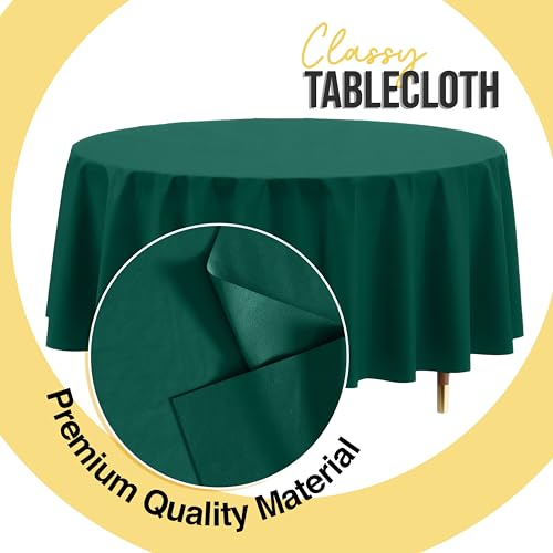 Image of Exquisite 66% Thicker Premium Dark Green Round Tablecloth 0.5 Mil 24 Pack Plastic Table Cloth Disposable 84 Inch Round Plastic Tablecloth Won't Tear Easily Like Cheap Thin Brands