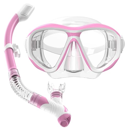 Findway Snorkel Set Adult,Dry Snorkel and Mask, Anti-Fog & Anti-UV Tempered Glass, Panoramic Wide View Snorkel Mask, Free Breathing& Easy Adjustable Strap Mask for Diving, Snorkelling and Swimming