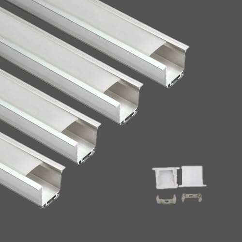 Image of (25x25mm LED Strip Light 1Meter Aluminium Rectangular Conciled Profile Light Channels with Diffused Cover, End Caps and Mounting Clips Without LED Straight Linear - Pack of 4