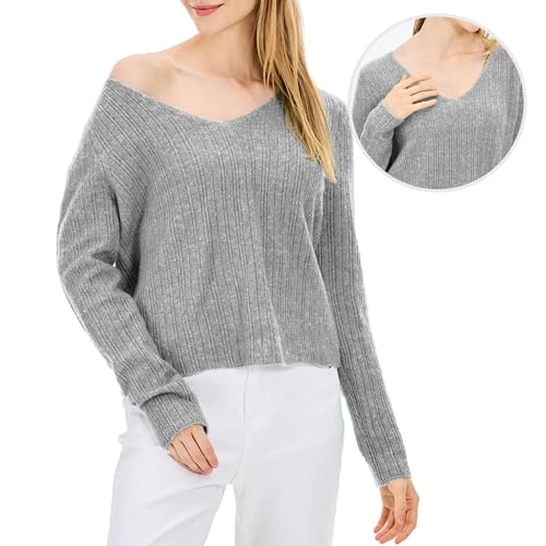 Image of Simple&Opulence Women's Long Sleeve V-Neck Sweater Off-Shoulder Light Cropped Sweaters for Women Wool Sweater S-XL
