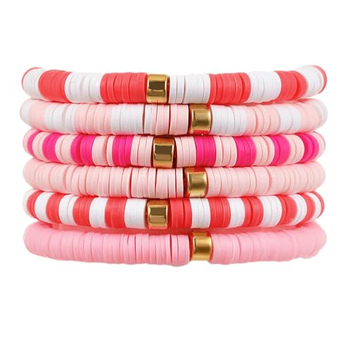 Image of COLORFUL BLING 6Pcs /Set Bohemia Heishi Clay Surfer Bead Stretch Bracelets Vinyl Disc Polymer Stackable Layering Bracelet Set Preppy Summer Beach Jewelry for Women
