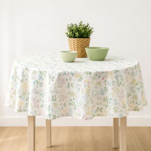 NAF NAF Mantel Resinado Antimanchas 100% Algodón CUQUI 150 cm Redondo - Hidrófugo e Impermeable, Lavable, Tacto Suave, Diseño Floral - Fabricado en España
