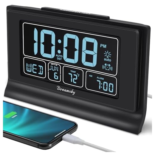 DreamSky Auto Set Digital Alarm Clock with USB Charging Port, 6.6 Inch Large Screen with Time/Date/Temperature Display, Full Range Brightness Dimmer, Auto DST Setting, Snooze, Backup Batteries,12/24Hr