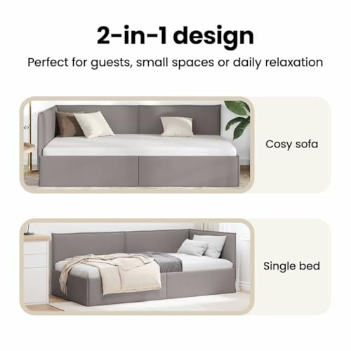 vidaXL Eckbettgestell mit Kopfteil Taupe 100 x 200 cm Stoff, Kompakter Daybed, modernes Bettgestell, platzsparendes Möbel, minimalistisches Design, ideal für kleine Schlafzimmer