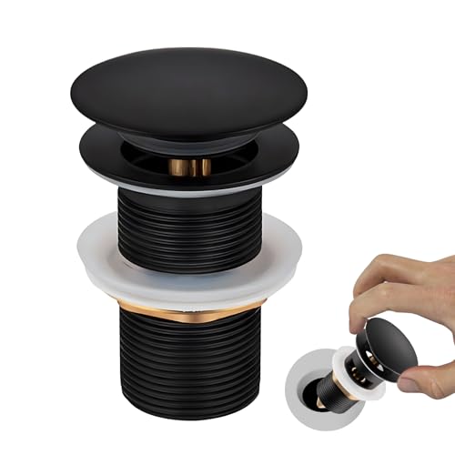 KAIYAYA avloppsuppsättning tvättställ svart popup avloppsventil utan bräddavlopp med silkorgar universal 66 mm x G1 1/4 trycköppning avloppsventil för tvättställ