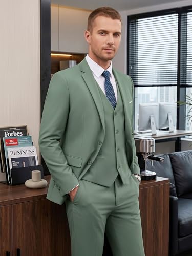 Image of WEEN CHARM Men's 3-Piece Slim Fit Suit Set-2-Button Blazer,Vest & Pants-Formal Wedding,Prom,Party & Business Tuxedo