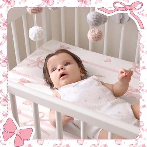 Image of Peryiter 4 Pack Crib Sheets for Baby Pink Bow Soft Baby Bed Sheet Set 52'' x 28 inch Nursery Crib Sheets for Standard Bed Toddler Mattress Nursery Decor Boys Girls Kids