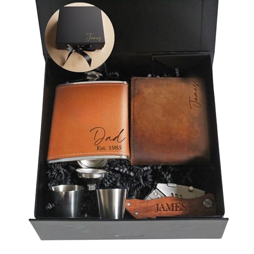 Personalized Gift for Dad, Dad Bundle Gift Box with Custom Knife, Flask and Wallet, Birthday Present for Dad, Husband, Birthday Bundle for Men, Custom Wallet for Men Engraved