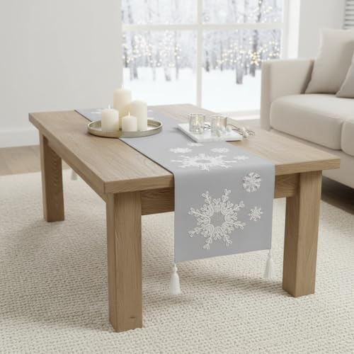 Chemin de table flocon de neige gris clair 33x183cm pour déco Noël