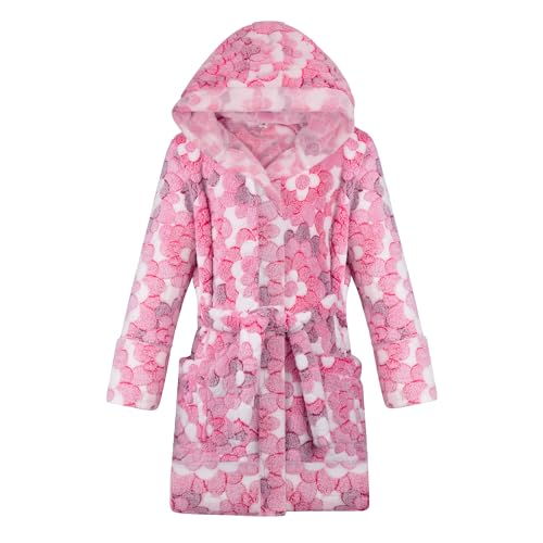 BIG ELEPHANT Kids Hooded Robe, Fleece Bathrobe for Girls Boys, Flannel Sleepwear, Coral Plush Pajamas for Christmas Gift