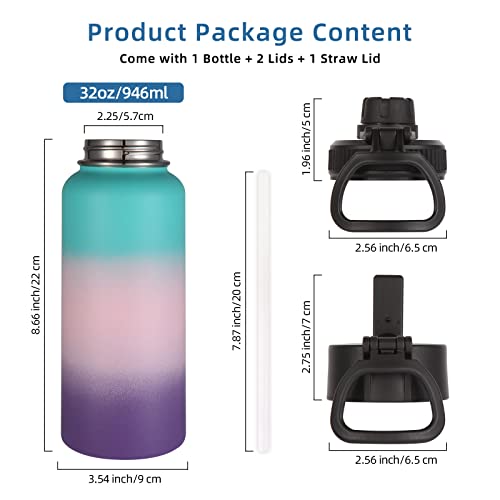 Image of Volhoply 32 oz Water Bottle with Straw Lid & Spout Lid,Insulated Sports Water Bottle,Double Wall Vacuum Stainless Steel Cups,Leakproof Wide Mouth Metal Flask,Keeps Cold or Hot(Gradient Color,1)