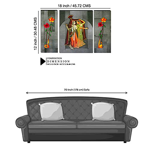 Image of Indianara Set of 3 Radha Krishna MDF Art Painting (0933FL) without glass 4.5 X 12, 9 X 12, 4.5 X 12 INCH