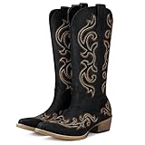 HISEA Rollda Cowboy Boots for Women Western Cowgirl Boots with Chunky Heel Ladies Snip Toe Mid-Calf Boots Black Size 8.5
