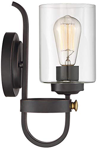 Image of Franklin Iron Works Eagleton Farmhouse Rustic Wall Light Sconces Set of 2 Oil Rubbed Bronze and Gold Hardwire 5 1 /2 inch LED Fixture Clear Glass Shades for Bedroom Bathroom Vanity Reading Living Room