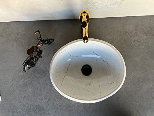 Image of Designer Glossy Finish Ceramic Art Table Top Wash Basin For Bathroom | Collapsible Countertop Washbasin (Black White Glossy Art, 16 x 13 x 6 Inch)
