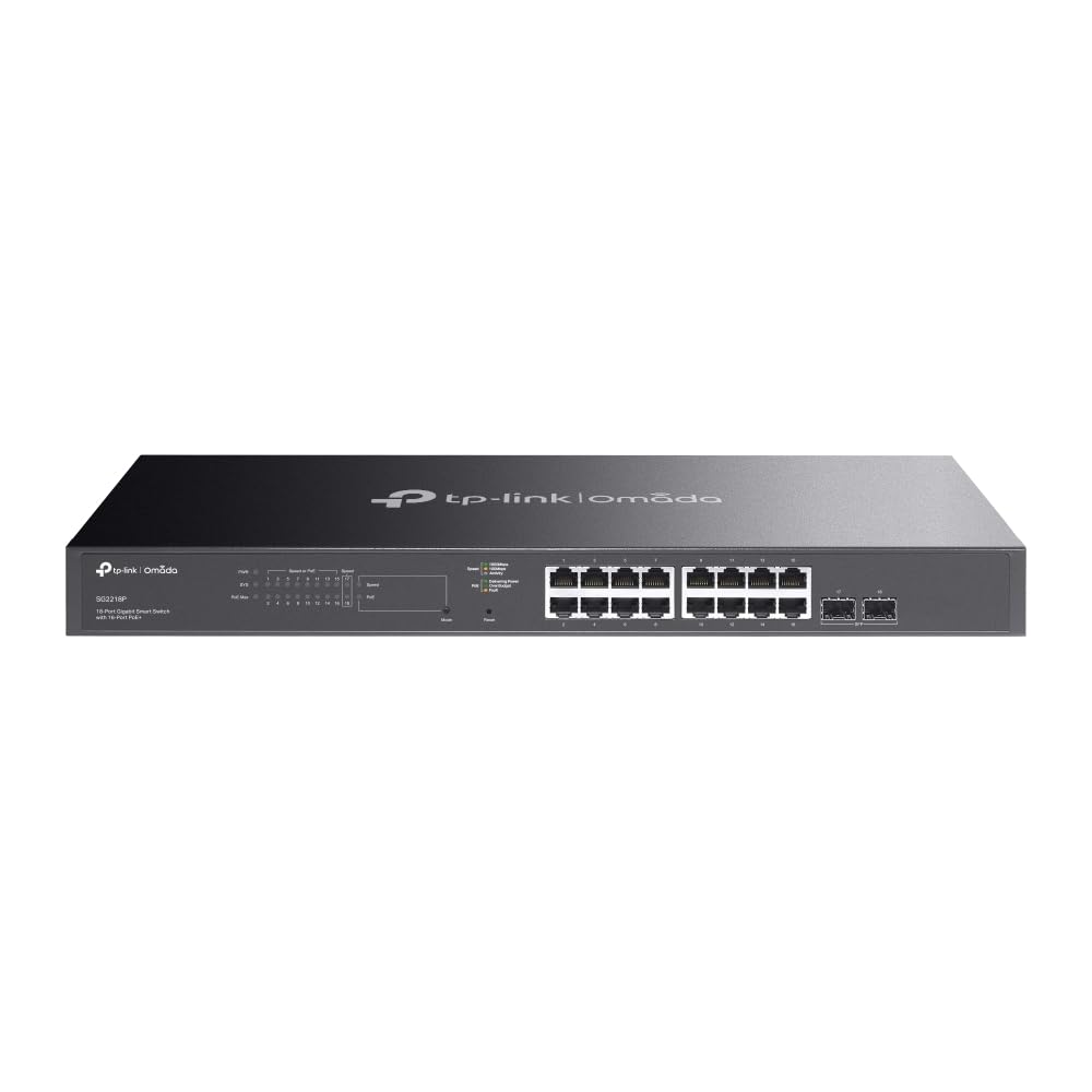 TP-Link Omada SG2218P 18-Port Gigabit Smart PoE Switch, 16-Port PoE+ Managed Network Switch with 150W Budget, 2× SFP Slots, VLAN, QoS, Fanless Rackmount Ethernet Switch