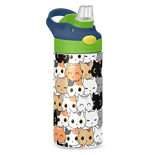 Image of MCHIVER Cute Cat Kitten Cartoon Kids Water Bottle with Straw Insulated Stainless Steel Kids Water Bottle Thermos for School Girls Boys Reusable Tumbler 12 oz / 350 ml Green Top