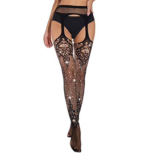 CanB Rhinestone Fishnet Stockings High Waist Tights Sexy Fishnets Thigh Suspender Pantyhose Stockings for Women and Girls