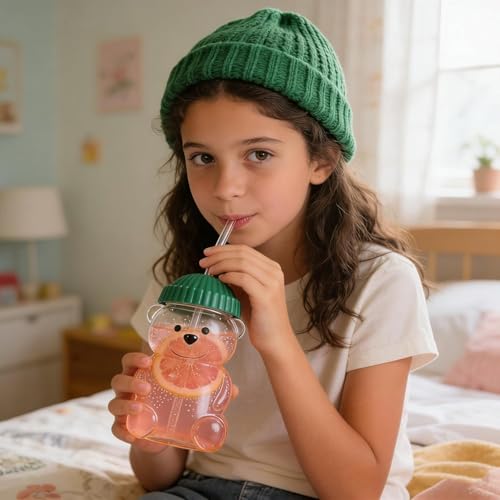 Image of NYRWANA Bear Glass Cup with Straw & Lid | 20oz (600ml) Cute Bear Glass Tumbler | Reusable Straw | Leak-Resistant Lid | Coffee, Bubble Tea, Smoothies, Juice & Water Cup (Green)