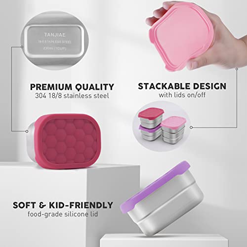Image of Tanjiae Stainless Steel Lunch Snack Containers Set | Leak Proof 304 Stainless Steel Food Containers with Silicone Lids - Perfect Metal Lunch Box for School and Daycare (Pink Lunch, Small)