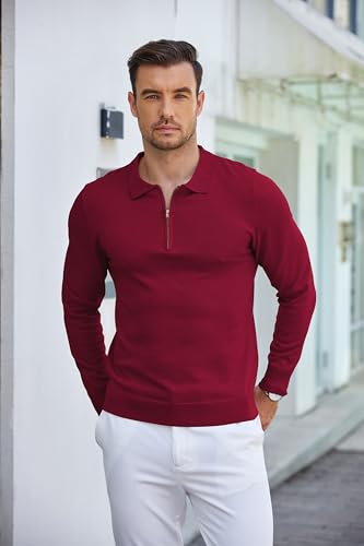 COOFANDY Mens Knit Polo Shirt Quarter Zip Slim Fit Pullover Long Sleeve Sweater Polo2