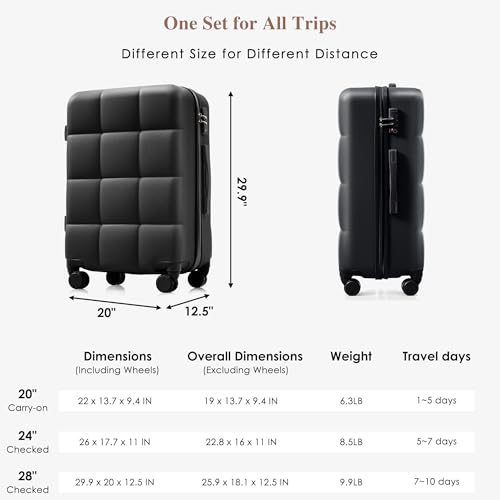 Black Hardside Luggage 3-Piece Set (20/24/28) with Cup Holder,Spinner Wheels, ABS Hard Shell Airline Certified Carry-on Luggage (Black)2