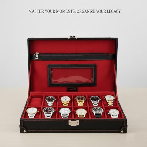 Image of BOXXO 12 Slot Watch Organizer Box for Men & Women - Premium PU Leather Watch Case with Black & Brown Finish, Soft Velvet Cushions & Glass Lid Display, Elegant Storage Box (34x20x8 cm) (Black /Red)