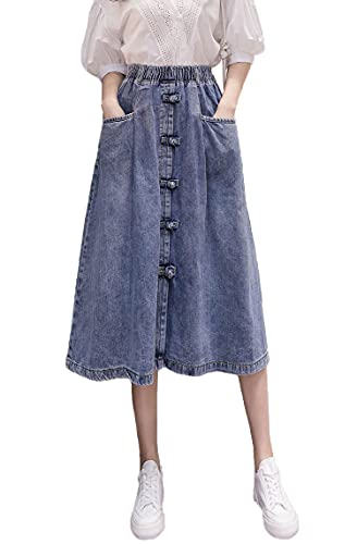 ebossy Women's High Waist Stretchy Denim Button Front Jean Midi Skirt with Pocket