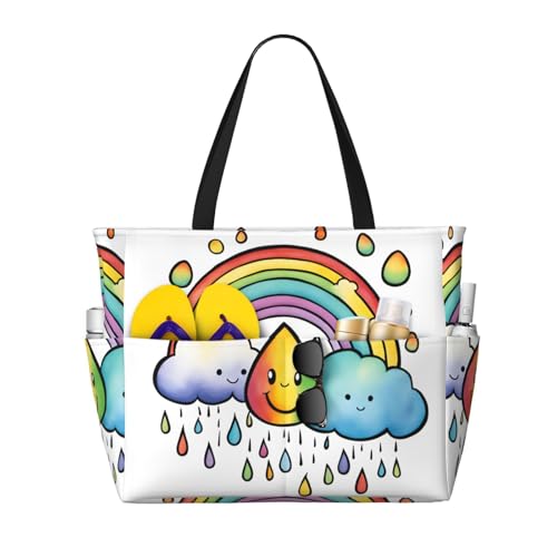 Large Capacity Beach Bag Waterproof Pool Tote for Gym Swimming Camping Carry On Bag Rainbow Cloud Raindrop Print