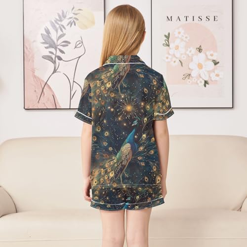 ALAZA Beautiful Peacock Starry Pajamas Satin Pajama Set Short Sleeve Button Down Sleepwear4