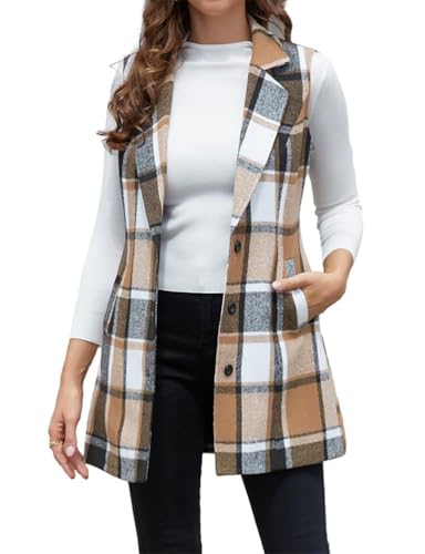 Image of Kinghua Wool Plaid Long Vest for Women Fall Winter Sweater Tweed Sleeveless Blazers Jackets Cardigans Outerwear Vests (Brown, XXL)