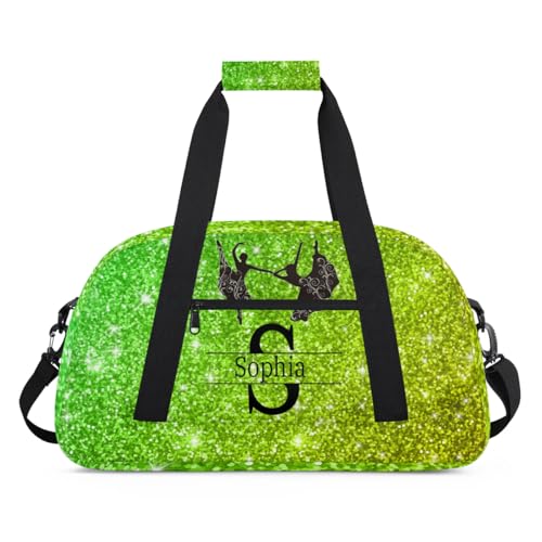 Custom Name Sports Duffel Bag, Lime Green Glittering Shiny Stars Bling Personalized Gym Sport Duffel Cheerleading Bag Travel Weekender Tote Bag