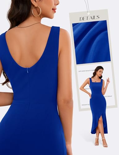 Image of Dressystar 2026 Women's Square Neck Bodycon Sleeveless Cocktail Dresses | wedding guest dresses for women, midi length, formal party dress, soft breathable stretchy material, slit ruffle hem design