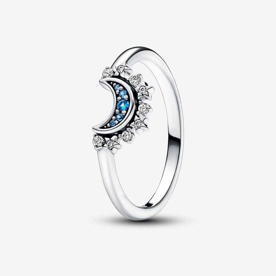 Pandora Celestial Blue Sparkling Moon Ring - Silver Ring for Women - Layering or Stackable Ring with Blue Crystals - Gift for Her - With Gift Box