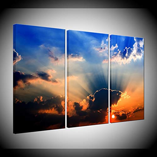 Tableau triptyque mural paysage de coucher de soleil en bleu ciel et blanc pour decoration