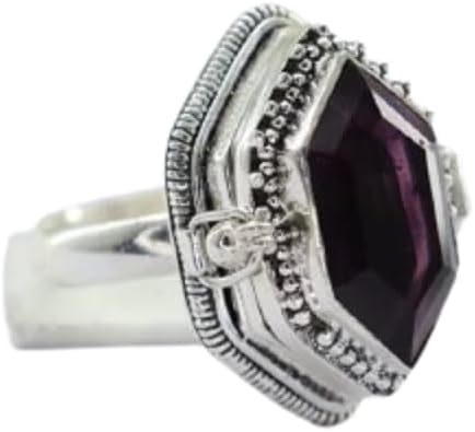 Vintage Poison Ring|Natural Amethyst|Snuff Ring|Poison Ring|Secret Compartment|Boho Hippie|925 Sterling Silver Plated|Fancy Design Ring