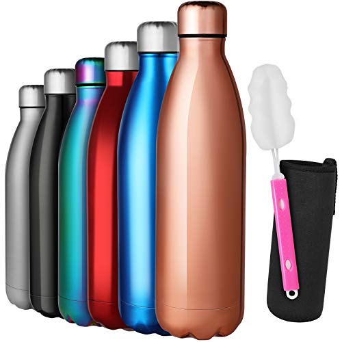 GeeRic Botella Termica 750ml, Botella Termo Acero Inoxidable,Botella de Agua+Cepillo+Bolsa portátil para Botella de Agua Deportiva Se Utiliza para Acampar, Escuela, Deportes, Gimnasio Oro Rosa