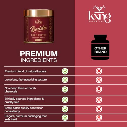 Image of KXNG Cosmetics Organic Shea Body Butter Cream - 4oz | Luxury Moisturizing Cream for Men & Women with Shea, Cocoa & Coconut Oil | Deep Hydration for Dry Skin, Hands & Feet - Baddie