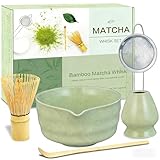 Matcha Whisk Set, Ceramic Matcha Bowl with Spout, Bamboo Whisk, Chasen Holder, Sifter, Traditional Scoop, Complete Tea Making Kit for Matcha Lovers, Beginner Starter Gifts for Women Men