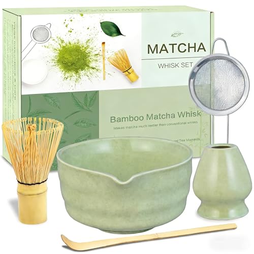 Matcha Whisk Set, Ceramic Matcha Bowl with Spout, Bamboo Whisk, Chasen Holder, Sifter, Traditional Scoop, Complete Tea Making Kit for Matcha Lovers, Beginner Starter Gifts for Women Men