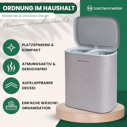 taschenmeister 90L Design-Wäschesammler mit aufklappbaren Deckel und hochwertiger Optik - 2 separate Fächer mit herausnehmbaren Baumwollbeuteln mit Griffen - platzsparend, atmungsaktiv
