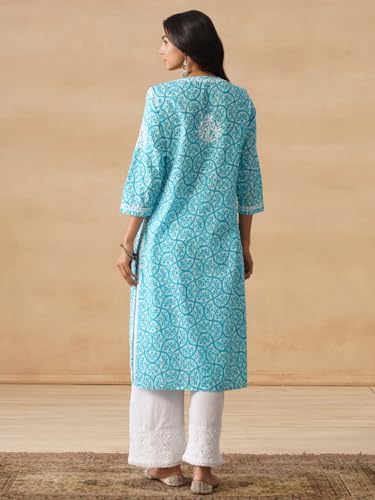 Image of Aidah Chikankari Mulmul Straight Kurta |Chikankari | Short Kurti Lucknowi Turquoise Blue