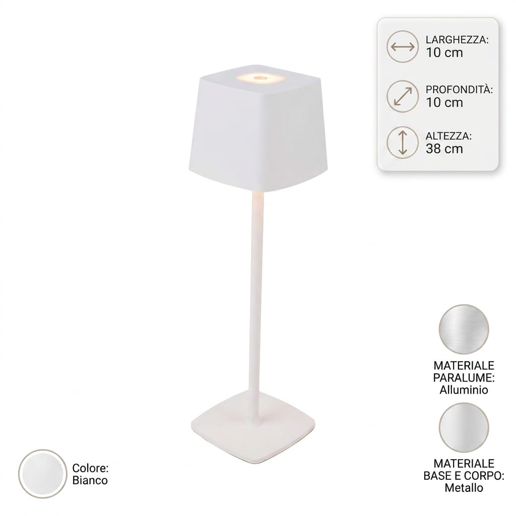 DiKasa Lampada da Tavolo LED Touch Roma Bianca Senza Fili Ricaricabile USB con 3 Temperature di Luce e Intensità Regolabile, Lampada Moderna in Metallo e Alluminio 10x37,5 cm