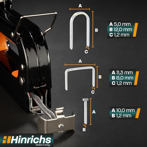 Hinrichs Handtacker Set - 3-in-1 Profi Tacker für Holz - Stofftacker Handwerker zum Fixieren - mit Klammern - Möbeltacker - Staple Gun - Holztacker mit 1600 Klammern & 800 Nägeln