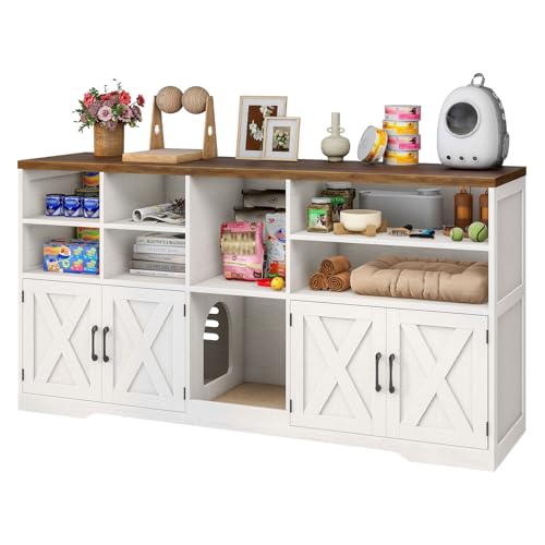 Cat Litter Box Enclosure for 2 Cats Litter Box Furniture Hidden with Double Room and Large Storage Space Farmhouse Indoor Cat House Washroom End Table Rustic White