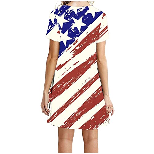 Blczomt Womens Summer A-Line Mini Dress American Flag Short Sleeve T Shirt Dress Beach Casual Crew Neck Patriotic Sundress #TOP3